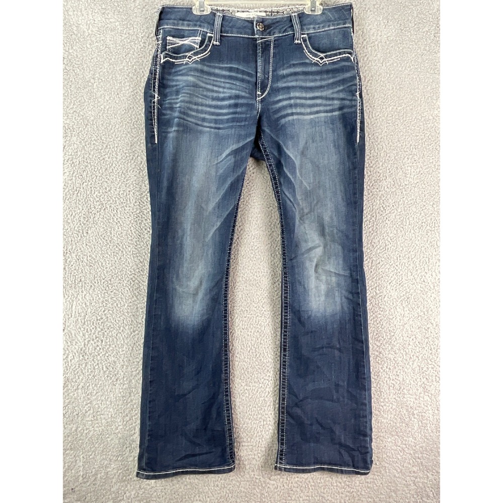 Ariat REAL Denim Jeans Womens 32XL Blue Bootcut Mid Rise Embroidered Dark Wash